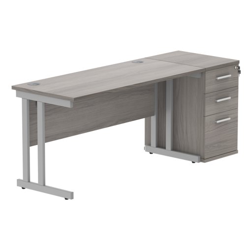 Double Upright Rectangular Desk + Desk High Pedestal 1400X600 Alaskan Grey Oak/Silver