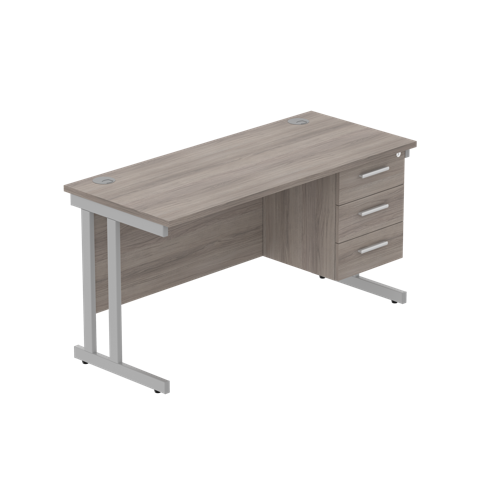 Office Rectangular Desk with Steel Double Upright Cantilever Legs + 3 Drawer Fixed Pedestal  1400X600 Alaskan Grey Oak/Silver