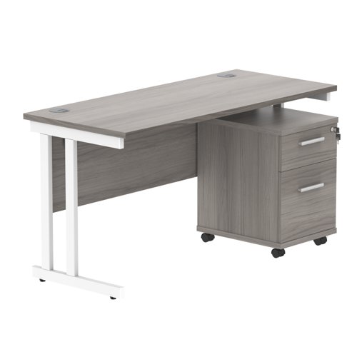 Double Upright Rectangular Desk + 2 Drawer Mobile Under Desk Pedestal 1400X600 Alaskan Grey Oak/White