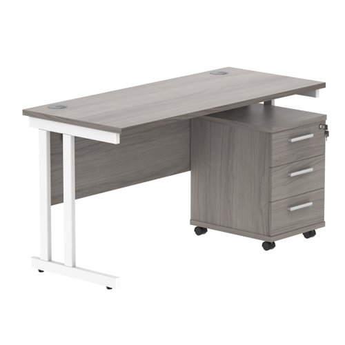 Double Upright Rectangular Desk + 3 Drawer Mobile Under Desk Pedestal 1400X600 Alaskan Grey Oak/White