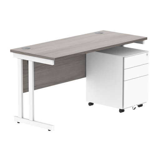 Double Upright Rectangular Desk + Under Desk Steel Pedestal 3 Drawers 1400X600 Alaskan Grey Oak/White