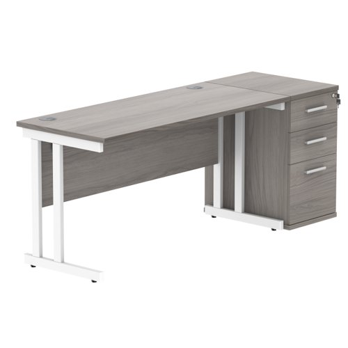 Double Upright Rectangular Desk + Desk High Pedestal (FSC) 1400X600 Alaskan Grey Oak/White