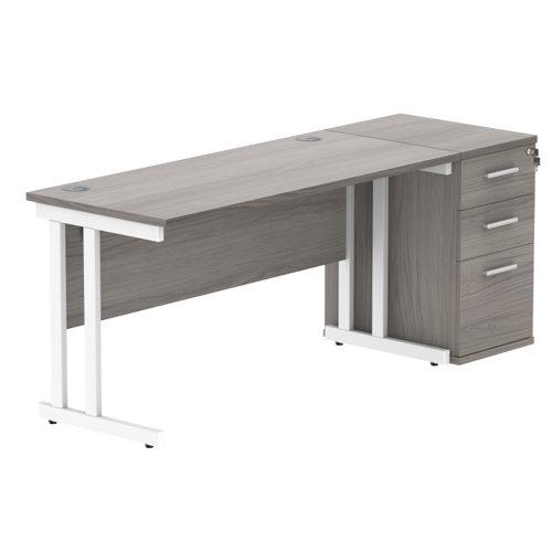 Double Upright Rectangular Desk + Desk High Pedestal 1400X600 Alaskan Grey Oak/White