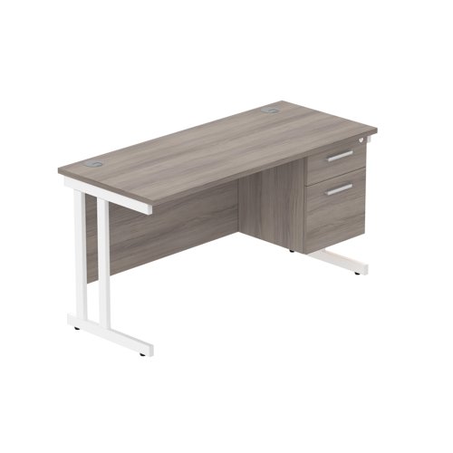 Office Rectangular Desk with Steel Double Upright Cantilever Legs + 2 Drawer Fixed Pedestal (FSC) 1400X600 Alaskan Grey Oak/White