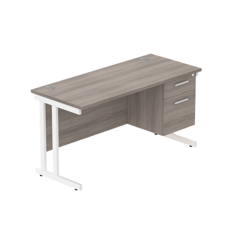 Office Rectangular Desk with Steel Double Upright Cantilever Legs + 2 Drawer Fixed Pedestal  1400X600 Alaskan Grey Oak/White