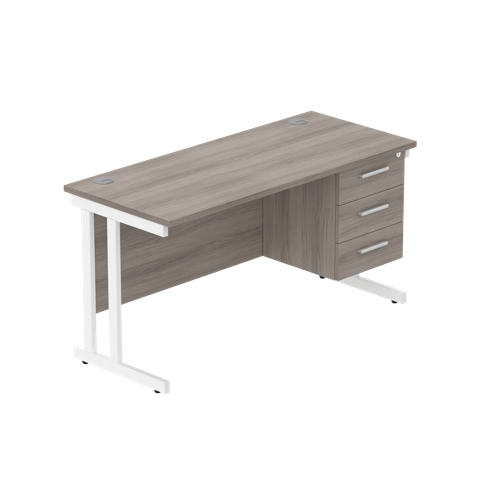 Office Rectangular Desk with Steel Double Upright Cantilever Legs + 3 Drawer Fixed Pedestal  1400X600 Alaskan Grey Oak/White