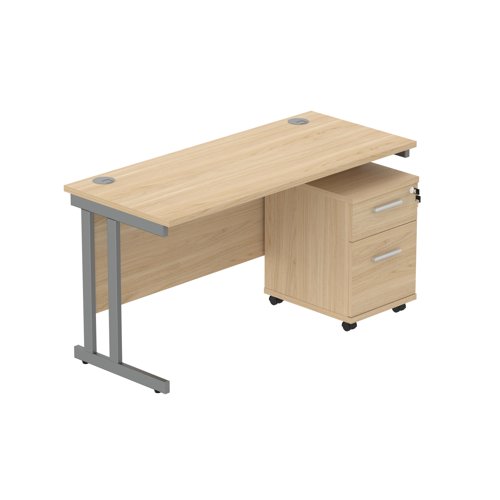Double Upright Rectangular Desk + 2 Drawer Mobile Under Desk Pedestal (FSC) 1400X600 Canadian Oak/Graphite