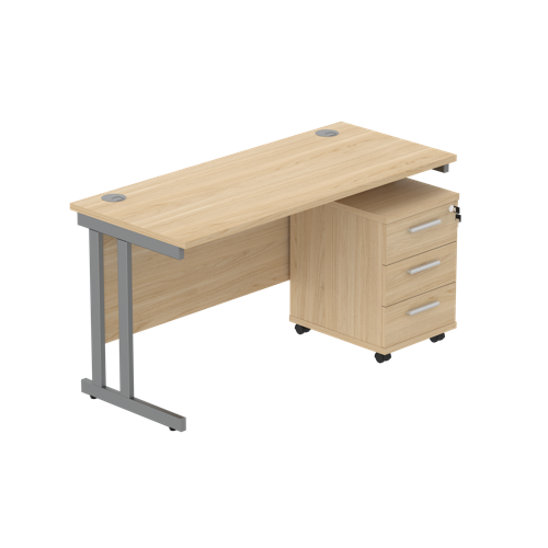 Double Upright Rectangular Desk + 3 Drawer Mobile Under Desk Pedestal  1400X600 Canadian Oak/Graphite