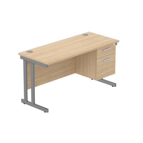 Office Rectangular Desk with Steel Double Upright Cantilever Legs + 2 Drawer Fixed Pedestal (FSC) 1400X600 Canadian Oak/Graphite