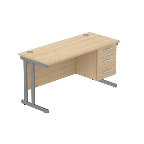 Office Rectangular Desk with Steel Double Upright Cantilever Legs + 3 Drawer Fixed Pedestal (FSC) 1400X600 Canadian Oak/Graphite