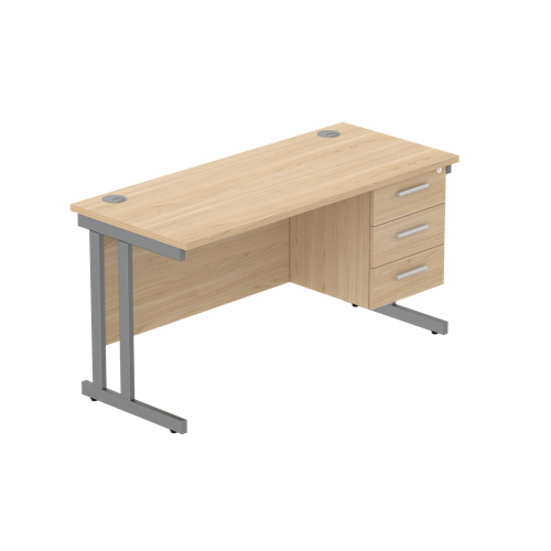 Office Rectangular Desk with Steel Double Upright Cantilever Legs + 3 Drawer Fixed Pedestal  1400X600 Canadian Oak/Graphite
