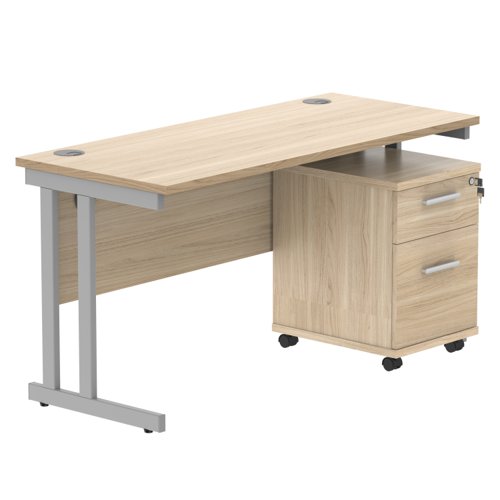 Double Upright Rectangular Desk + 2 Drawer Mobile Under Desk Pedestal 1400X600 Canadian Oak/Silver