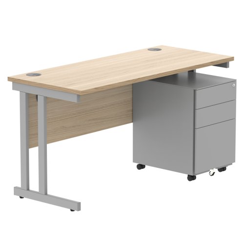 Double Upright Rectangular Desk + Under Desk Steel Pedestal 3 Drawers 1400X600 Canadian Oak/Silver