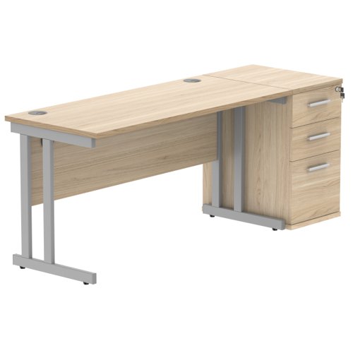 Double Upright Rectangular Desk + Desk High Pedestal 1400X600 Canadian Oak/Silver