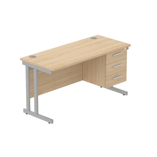 Office Rectangular Desk with Steel Double Upright Cantilever Legs + 3 Drawer Fixed Pedestal (FSC) 1400X600 Canadian Oak/Silver