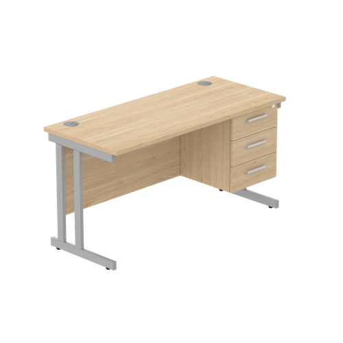 Office Rectangular Desk with Steel Double Upright Cantilever Legs + 3 Drawer Fixed Pedestal  1400X600 Canadian Oak/Silver