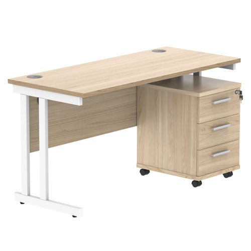 Double Upright Rectangular Desk + 3 Drawer Mobile Under Desk Pedestal 1400X600 Canadian Oak/White