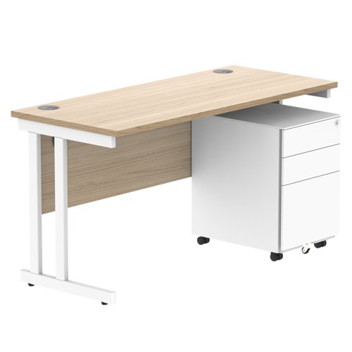 Double Upright Rectangular Desk + Under Desk Steel Pedestal 3 Drawers 1400X600 Canadian Oak/White