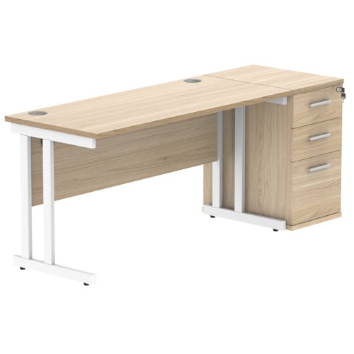 Double Upright Rectangular Desk + Desk High Pedestal 1400X600 Canadian Oak/White