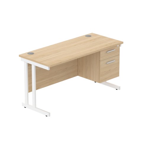Office Rectangular Desk with Steel Double Upright Cantilever Legs + 2 Drawer Fixed Pedestal (FSC) 1400X600 Canadian Oak/White