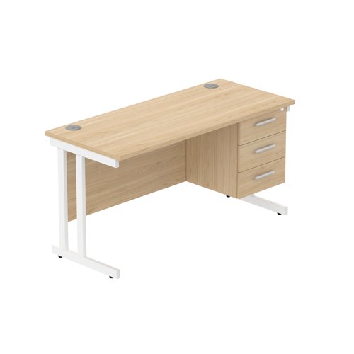Office Rectangular Desk with Steel Double Upright Cantilever Legs + 3 Drawer Fixed Pedestal (FSC) 1400X600 Canadian Oak/White