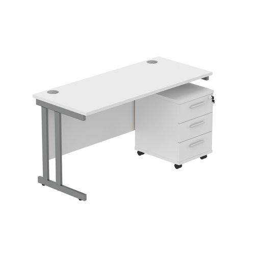 Double Upright Rectangular Desk + 3 Drawer Mobile Under Desk Pedestal (FSC) 1400X600 Arctic White/Graphite