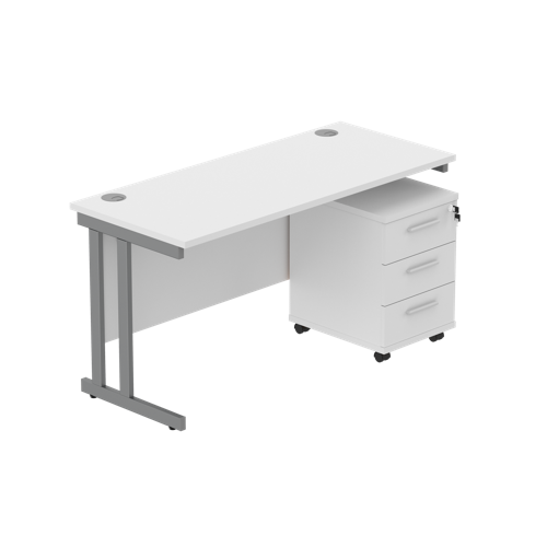 Double Upright Rectangular Desk + 3 Drawer Mobile Under Desk Pedestal  1400X600 Arctic White/Graphite