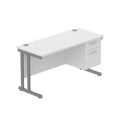 Office Rectangular Desk with Steel Double Upright Cantilever Legs + 2 Drawer Fixed Pedestal  1400X600 Arctic White/Graphite