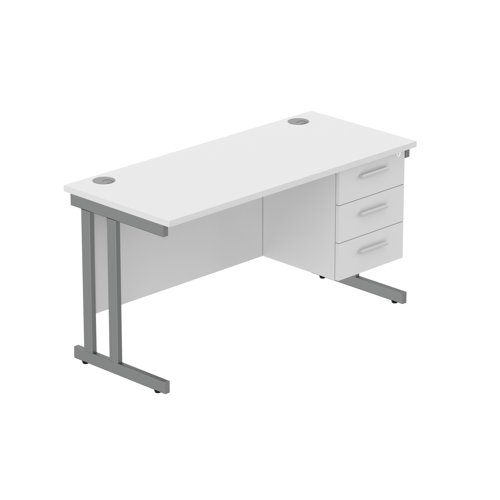 Office Rectangular Desk with Steel Double Upright Cantilever Legs + 3 Drawer Fixed Pedestal (FSC) 1400X600 Arctic White/Graphite