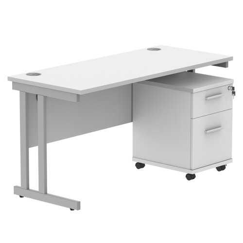 Double Upright Rectangular Desk + 2 Drawer Mobile Under Desk Pedestal 1400X600 Arctic White/Silver