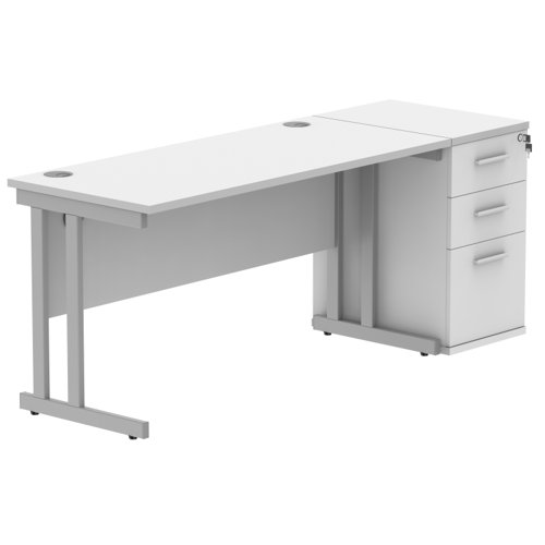 Double Upright Rectangular Desk + 3 Drawer Mobile Under Desk Pedestal 1400X600 Arctic White/Silver