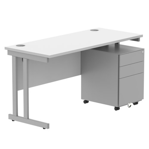 Double Upright Rectangular Desk + Under Desk Steel Pedestal 3 Drawers 1400X600 Arctic White/Silver