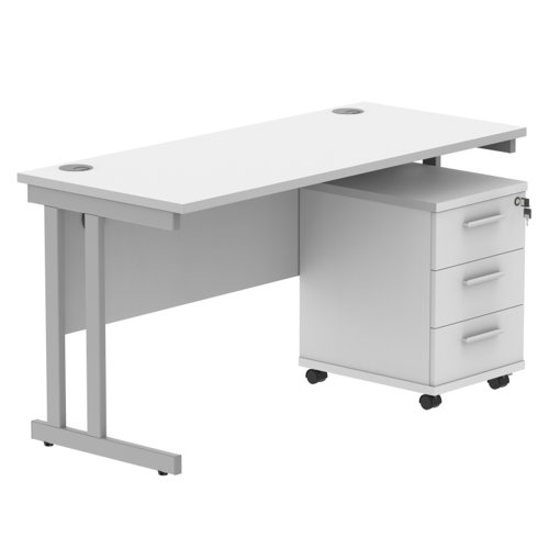 Double Upright Rectangular Desk + Desk High Pedestal 1400X600 Arctic White/Silver