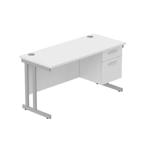 Office Rectangular Desk with Steel Double Upright Cantilever Legs + 2 Drawer Fixed Pedestal (FSC) 1400X600 Arctic White/Silver