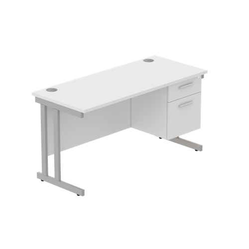 Office Rectangular Desk with Steel Double Upright Cantilever Legs + 2 Drawer Fixed Pedestal  1400X600 Arctic White/Silver