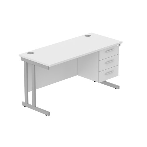 Office Rectangular Desk with Steel Double Upright Cantilever Legs + 3 Drawer Fixed Pedestal (FSC) 1400X600 Arctic White/Silver