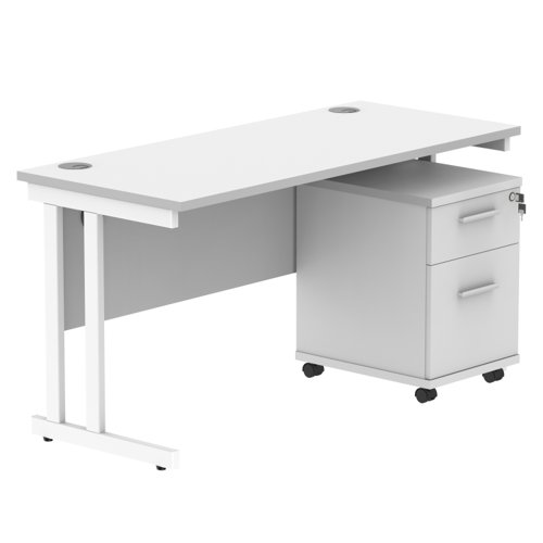 Double Upright Rectangular Desk + 2 Drawer Mobile Under Desk Pedestal 1400X600 Arctic White/White
