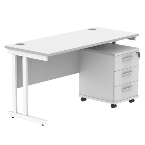Double Upright Rectangular Desk + 3 Drawer Mobile Under Desk Pedestal 1400X600 Arctic White/White