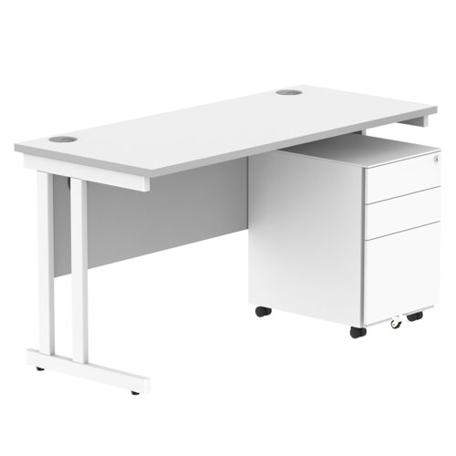 Double Upright Rectangular Desk + Under Desk Steel Pedestal 3 Drawers 1400X600 Arctic White/White