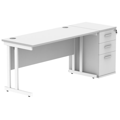 Double Upright Rectangular Desk + Desk High Pedestal 1400X600 Arctic White/White