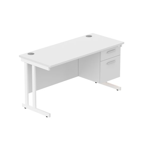 Office Rectangular Desk with Steel Double Upright Cantilever Legs + 2 Drawer Fixed Pedestal (FSC) 1400X600 Arctic White/White