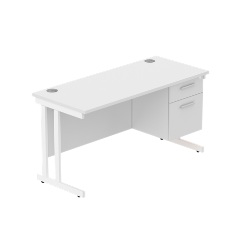 Office Rectangular Desk with Steel Double Upright Cantilever Legs + 2 Drawer Fixed Pedestal  1400X600 Arctic White/White