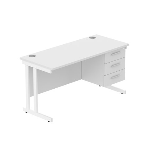 Office Rectangular Desk with Steel Double Upright Cantilever Legs + 3 Drawer Fixed Pedestal (FSC) 1400X600 Arctic White/White