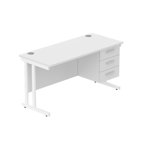Office Rectangular Desk with Steel Double Upright Cantilever Legs + 3 Drawer Fixed Pedestal  1400X600 Arctic White/White