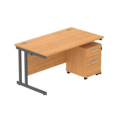 Double Upright Rectangular Desk + 2 Drawer Mobile Under Desk Pedestal  1400X800 Norwegian Beech/Graphite