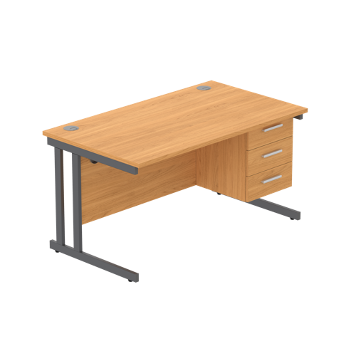 Office Rectangular Desk with Steel Double Upright Cantilever Legs + 3 Drawer Fixed Pedestal  1400X800 Norwegian Beech/Graphite