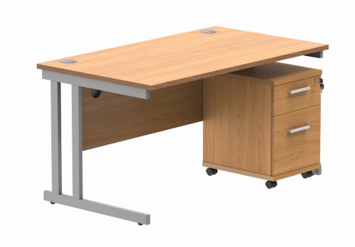 Double Upright Rectangular Desk + 2 Drawer Mobile Under Desk Pedestal 1400X800 Norwegian Beech/Silver
