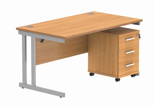 Double Upright Rectangular Desk + 3 Drawer Mobile Under Desk Pedestal 1400X800 Norwegian Beech/Silver