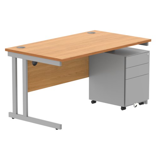 Double Upright Rectangular Desk + Under Desk Steel Pedestal 3 Drawers 1400X800 Norwegian Beech/Silver