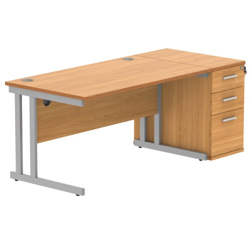 Double Upright Rectangular Desk + Desk High Pedestal 1400X800 Norwegian Beech/Silver